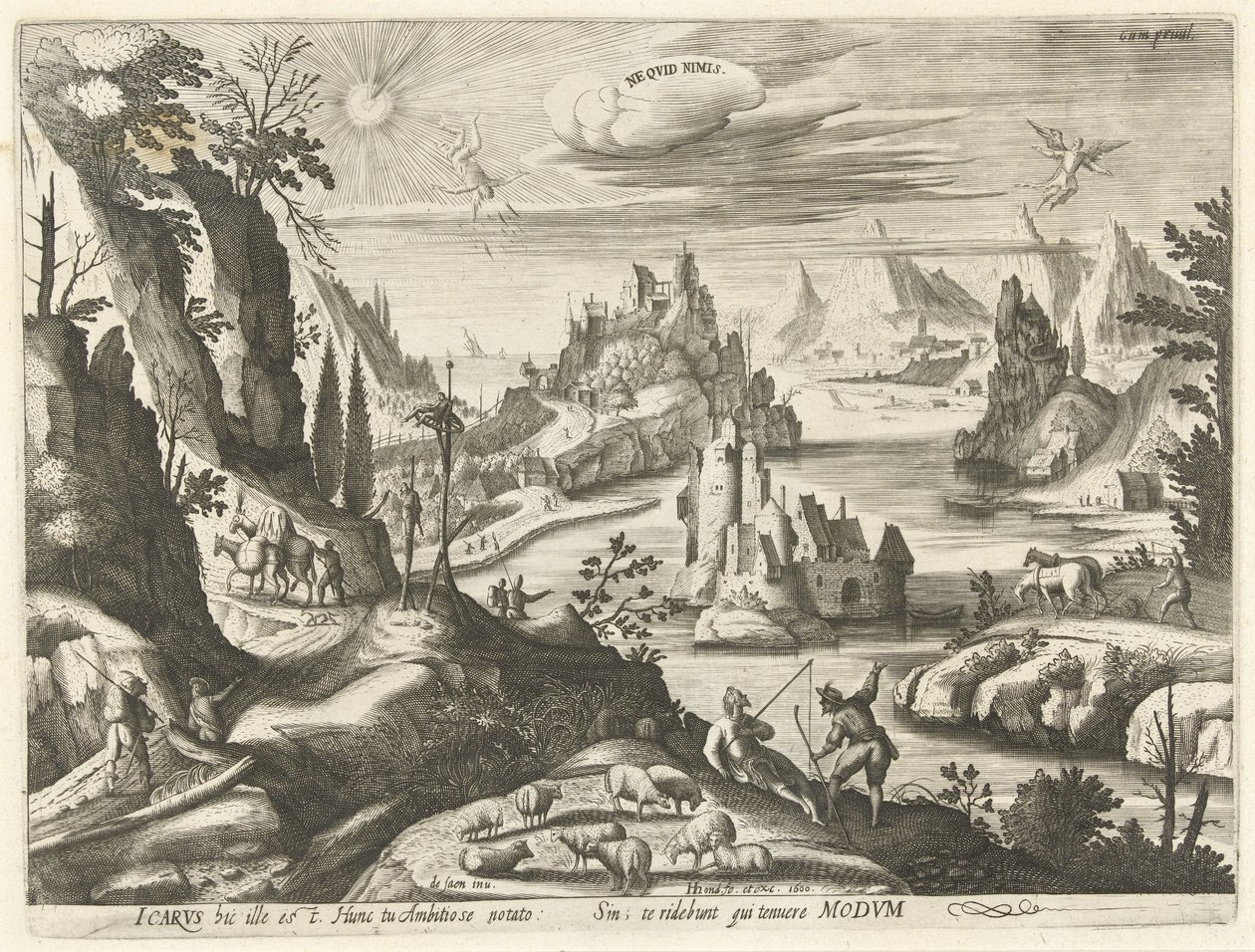 Landskap med Ikaros fall Ne quid nimis (titel på objekt) av Hendrick Hondius (I)