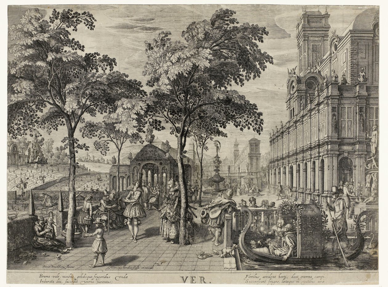 hoppa Spring, ett sällskap på ett slott Ver (titel på objekt) The Four Seasons (serietitel) av Hendrick Hondius (I)