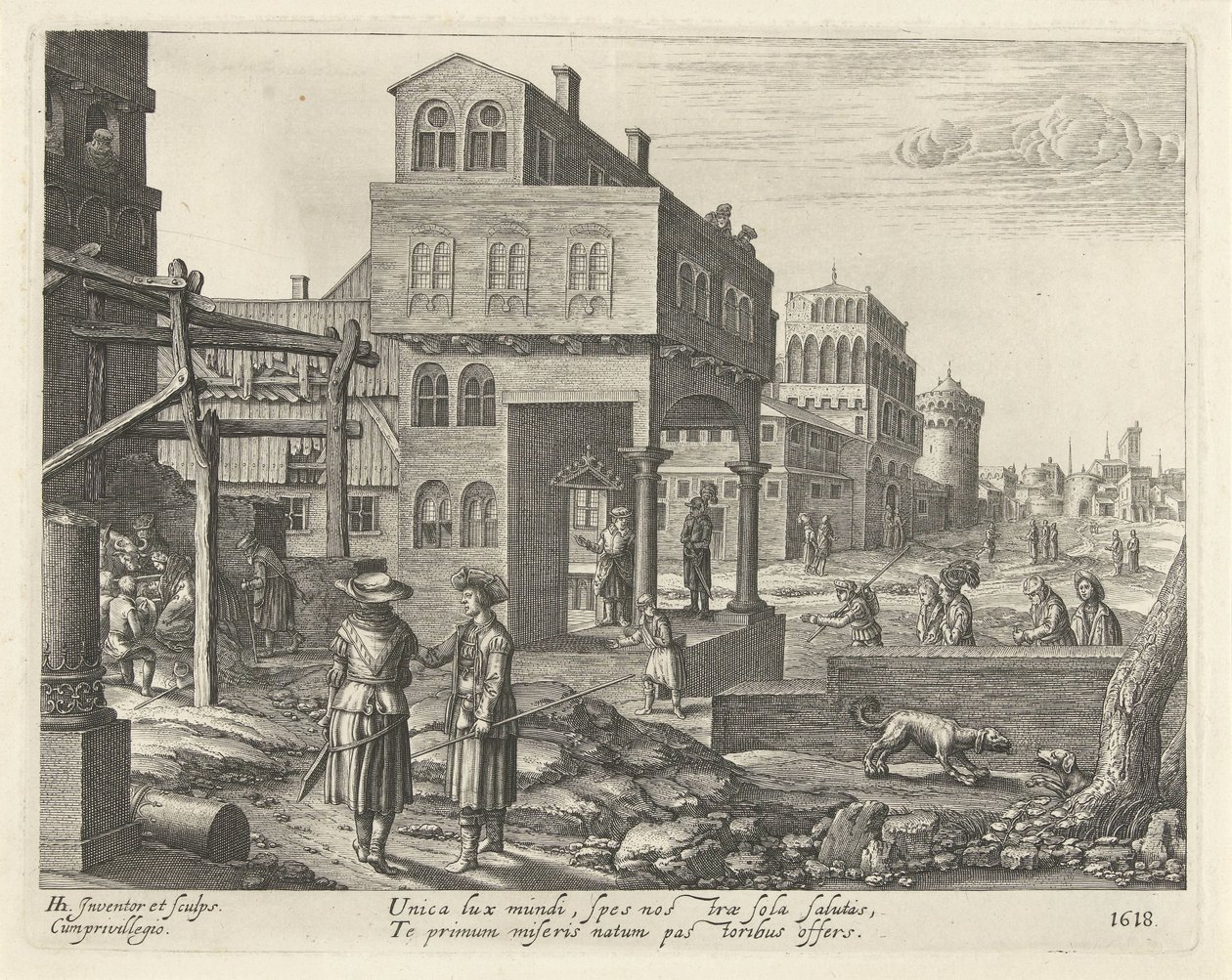 Stadsbild med tillbedjan av herdarna av Hendrick Hondius (I)