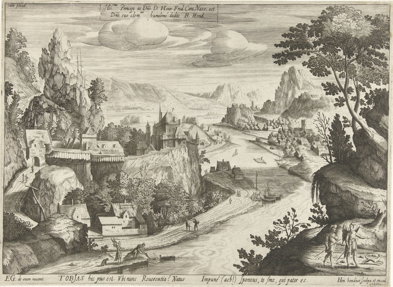 Tobias och ängeln fångar fisken i Tigris av Hendrick Hondius (I)
