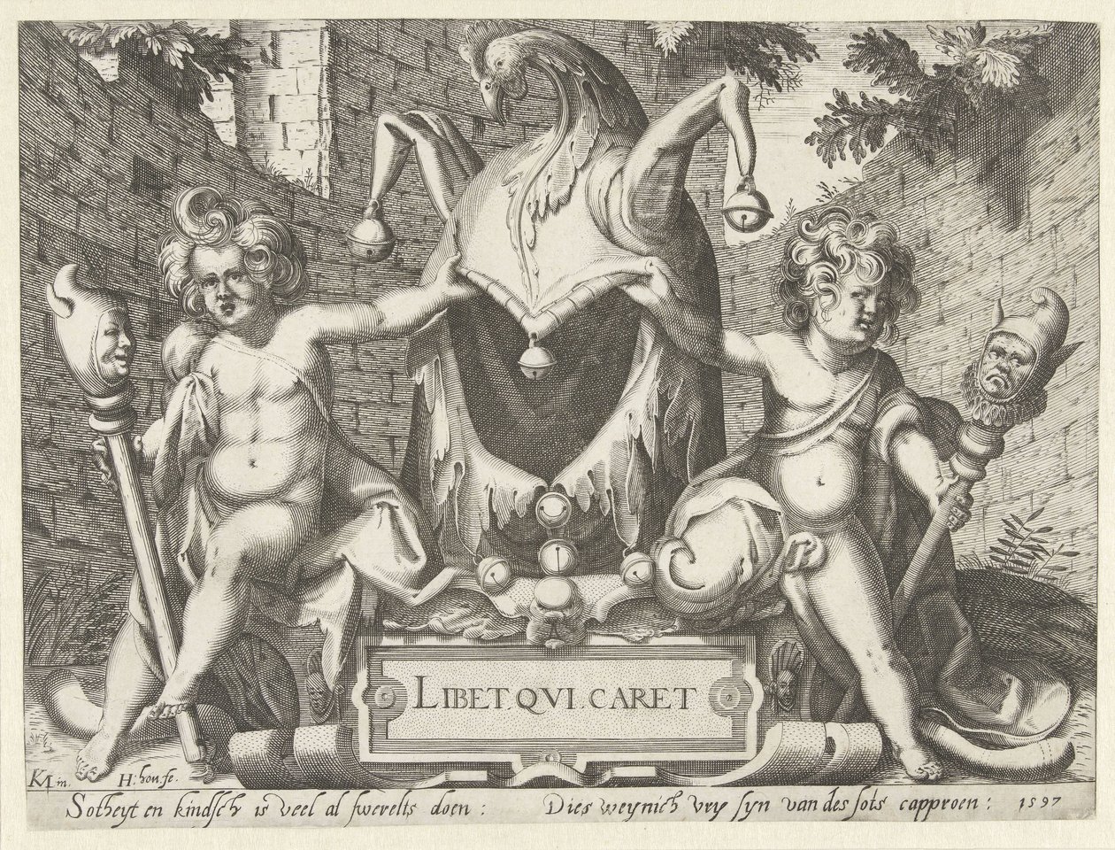 Två putti med dårhuva Libet qui caret (titel på objekt) av Hendrick Hondius (I)