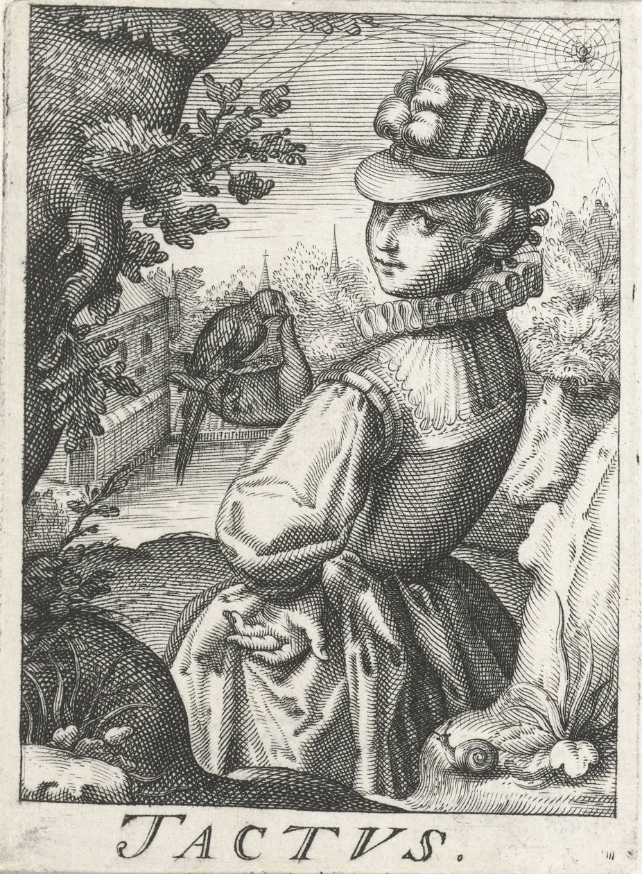Känsla (Tactus), en kvinna med en fågel Tactus (titel på objekt) De fem sinnena (serietitel) av Hendrick Hondius (rejected attribution)