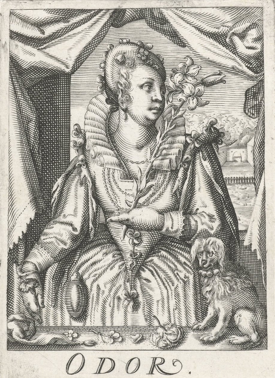 Lukt (Oft), en kvinna med en blomgren Lukt (titel på objekt) De fem sinnena (serietitel) av Hendrick Hondius (rejected attribution)