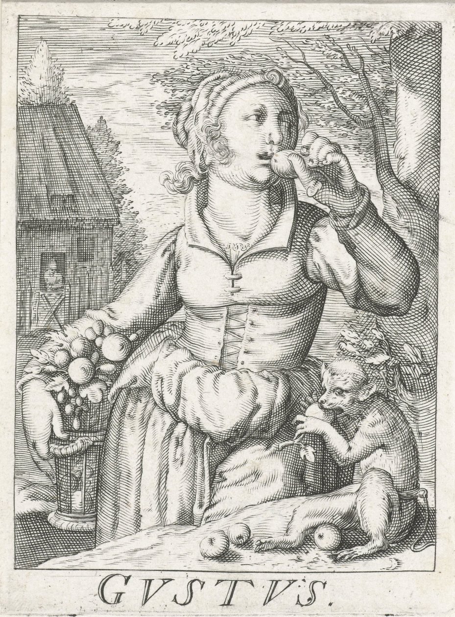 Smak (Gustus), en kvinna med frukt Gustus (titel på objekt) De fem sinnena (serietitel) av Hendrick Hondius (rejected attribution)