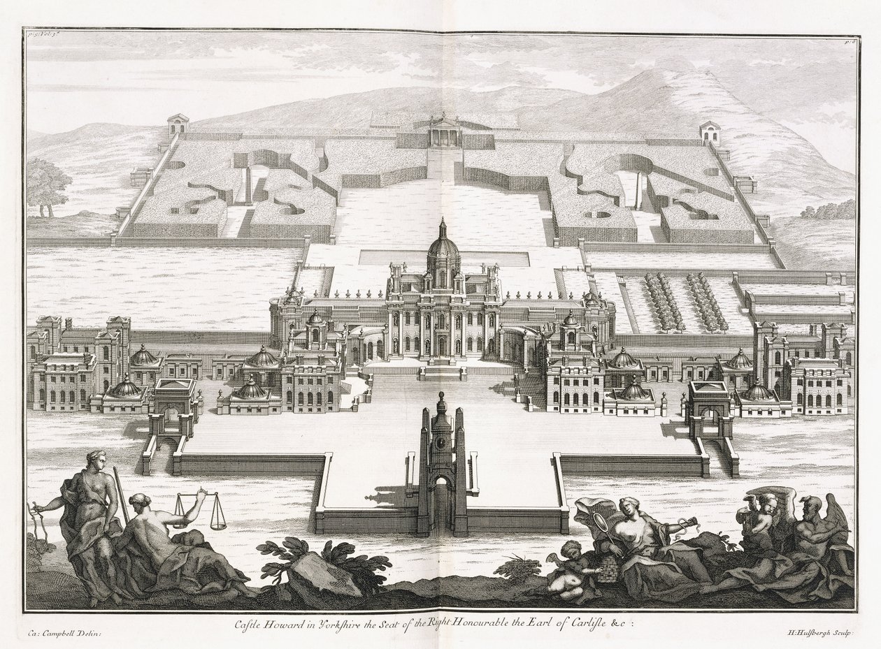 Castle Howard i Yorkshire, från "Vitruvius Britannicus", eller "The British Architect, containing the plans, elevations and sections of the regular buildings both publick and private, in Great Britain" av Colin Campbell av Hendrick Hulsberg
