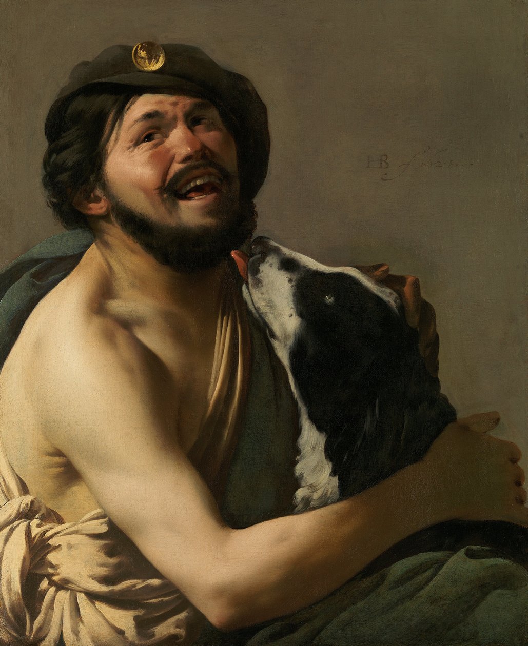 Ett skrattande bravo med sin hund Diogenes, 1628. av Hendrick Jansz Terbrugghen