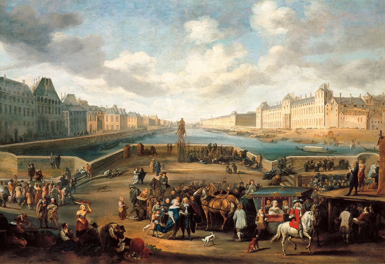 Utsikt över Paris med Louvren, tagen från Henri IV-bron (Pont neuf) - olja på duk av Hendrick Mommers
