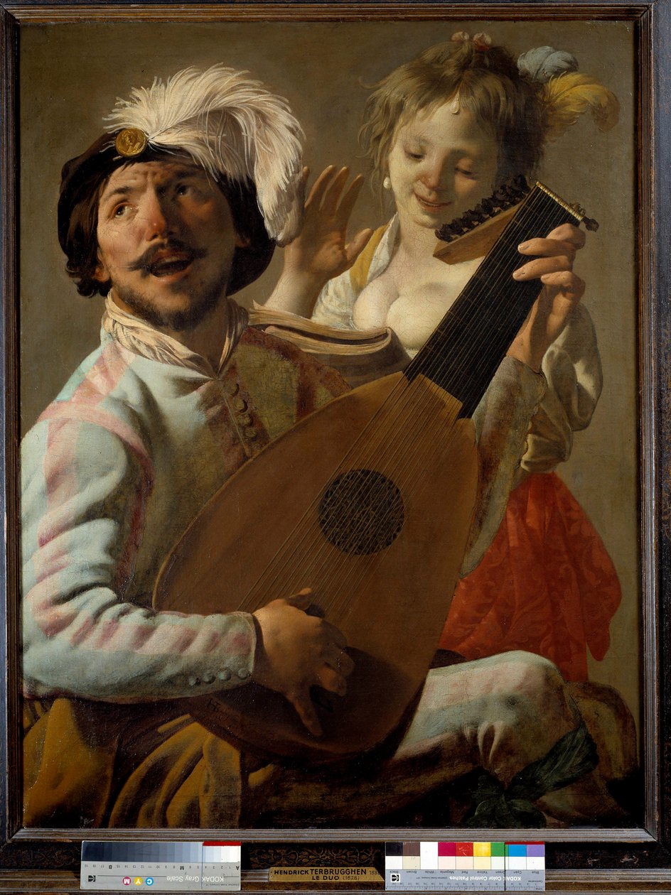 Duon En sångare som spelar lut med en dansare. Målning av Hendrick ter Brugghen (eller Terbrugghen av Hendrick ter Brugghen