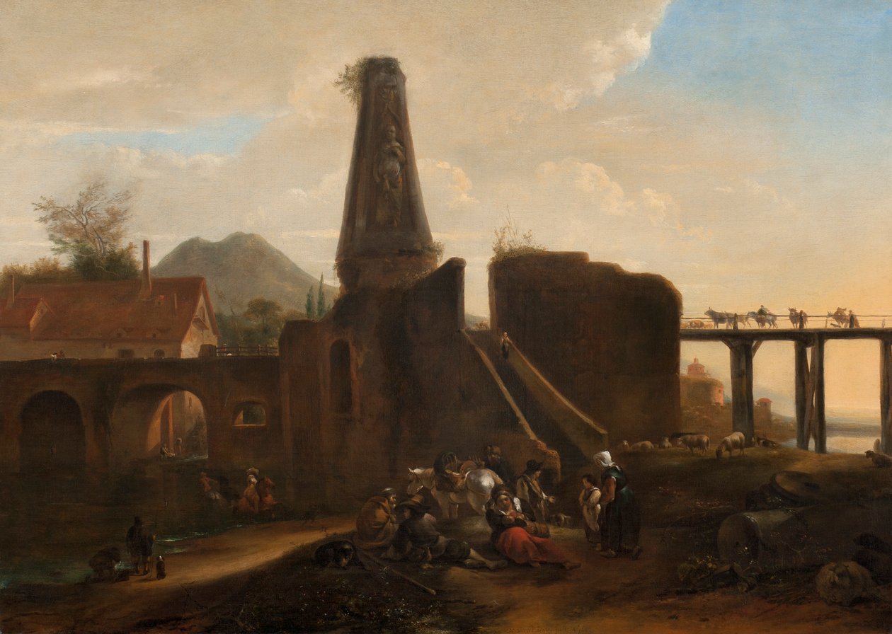 Resenärer i vila vid sidan av klassiska ruiner, 1663 olja på duk av Hendrick Verschuring