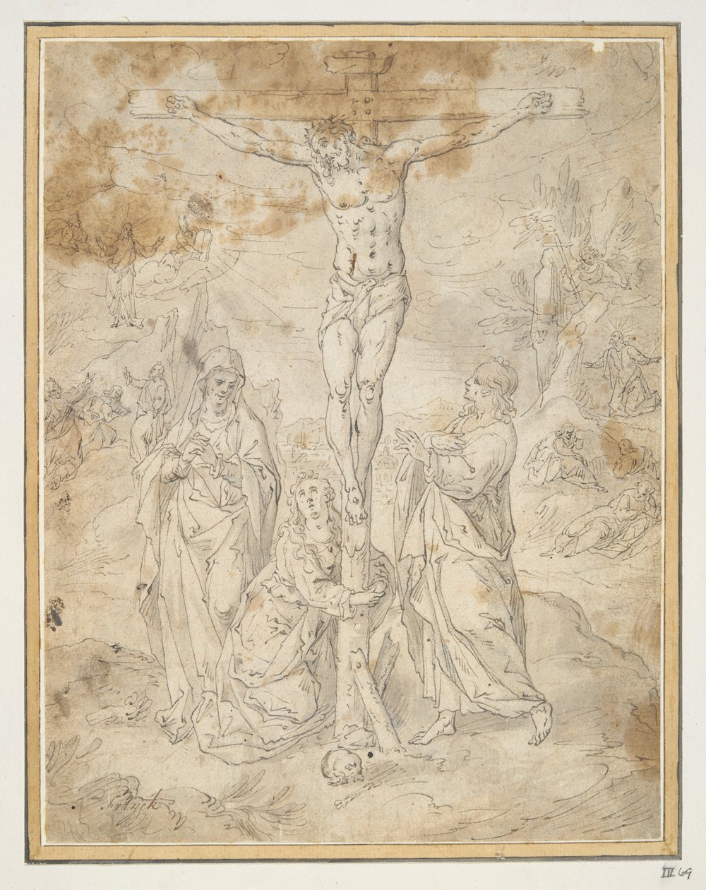 Kristus på korset mellan Jungfrun och St. Johannes med scener av passionen i bakgrunden av Hendrick de Clerck