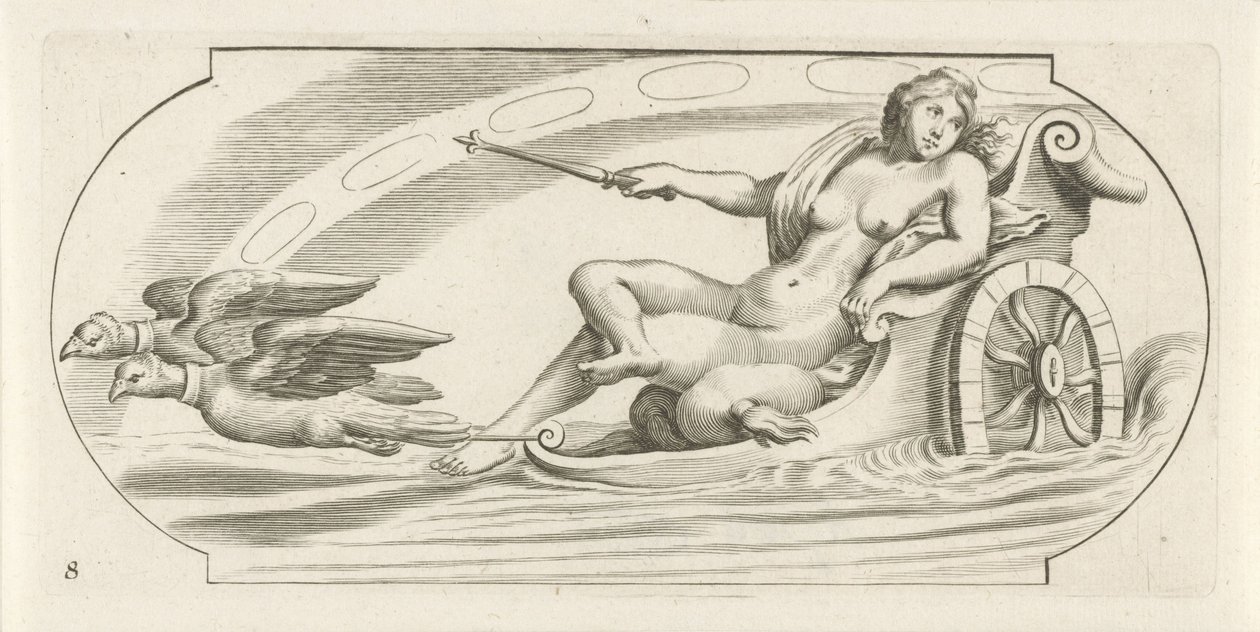Aurora på en vagn Nouveau Livre des Dieux et Deeßes De la Marine Bouckje of Sea Gods and Goddesses (serietitel) av Hendrick de Keyser (I)