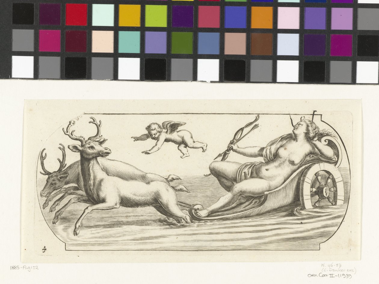 Diana på en vagn Nouveau Livre des Dieux et Deeßes De la Marine Bouckje of Sea Gods and Goddesses (serietitel) av Hendrick de Keyser (I)