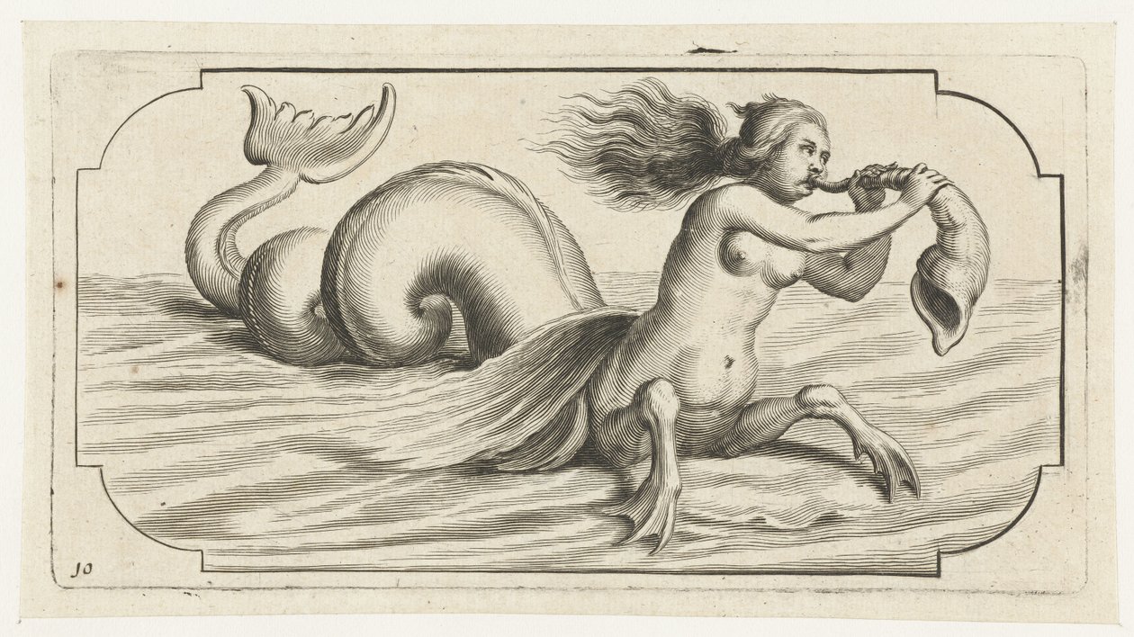 En kvinnlig figur blåser på ett skal Nouveau Livre des Dieux et Deeßes De la Marine Bouckje of Sea Gods and Goddesses (serietitel) av Hendrick de Keyser (I)