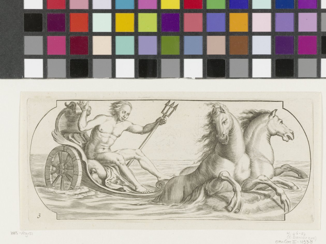Neptunus på en vagn Nouveau Livre des Dieux et Deeßes De la Marine Bouckje of Sea Gods and Goddesses (serietitel) av Hendrick de Keyser (I)