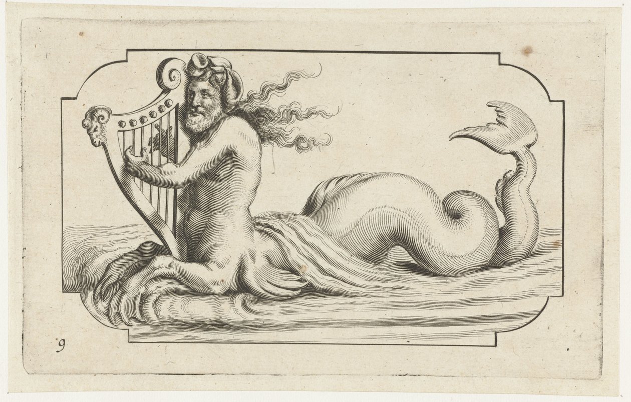 Triton spelar en harpa Nouveau Livre des Dieux et Deeßes De la Marine Bouckje of Sea Gods and Goddesses (serietitel) av Hendrick de Keyser (I)