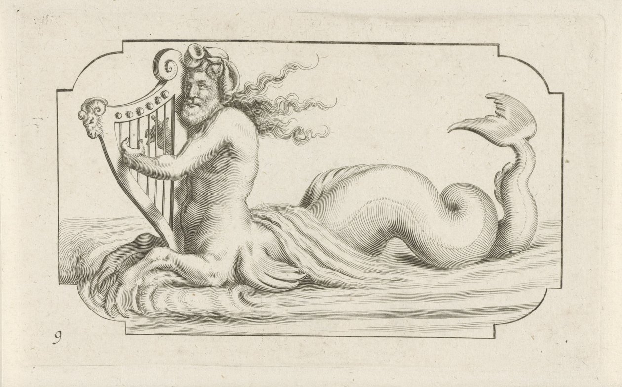 Triton spelar en harpa Nouveau Livre des Dieux et Deeßes De la Marine Bouckje of Sea Gods and Goddesses (serietitel) av Hendrick de Keyser (I)