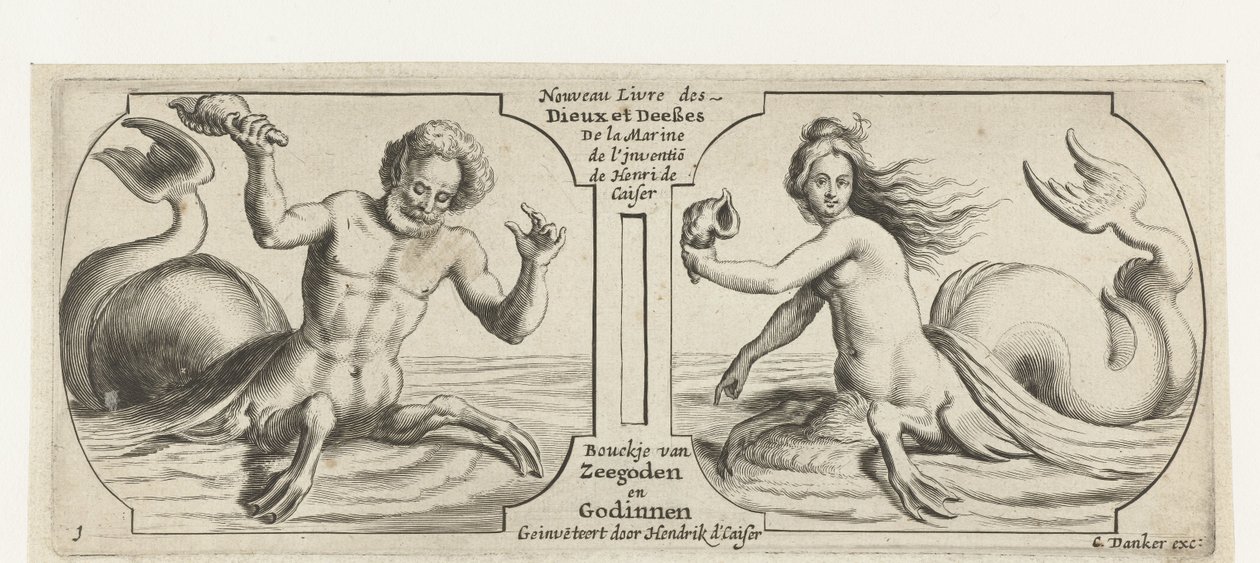 Två fack, i varje en triton Nouveau Livre des Dieux et Deeßes De la Marine Bouckje of Sea Gods and Goddesses (titel på objektet) Nouveau Livre des Dieux et Deeßes De la Marine Bouckje of Sea Gods and Goddesses (serietitel) av Hendrick de Keyser (I)