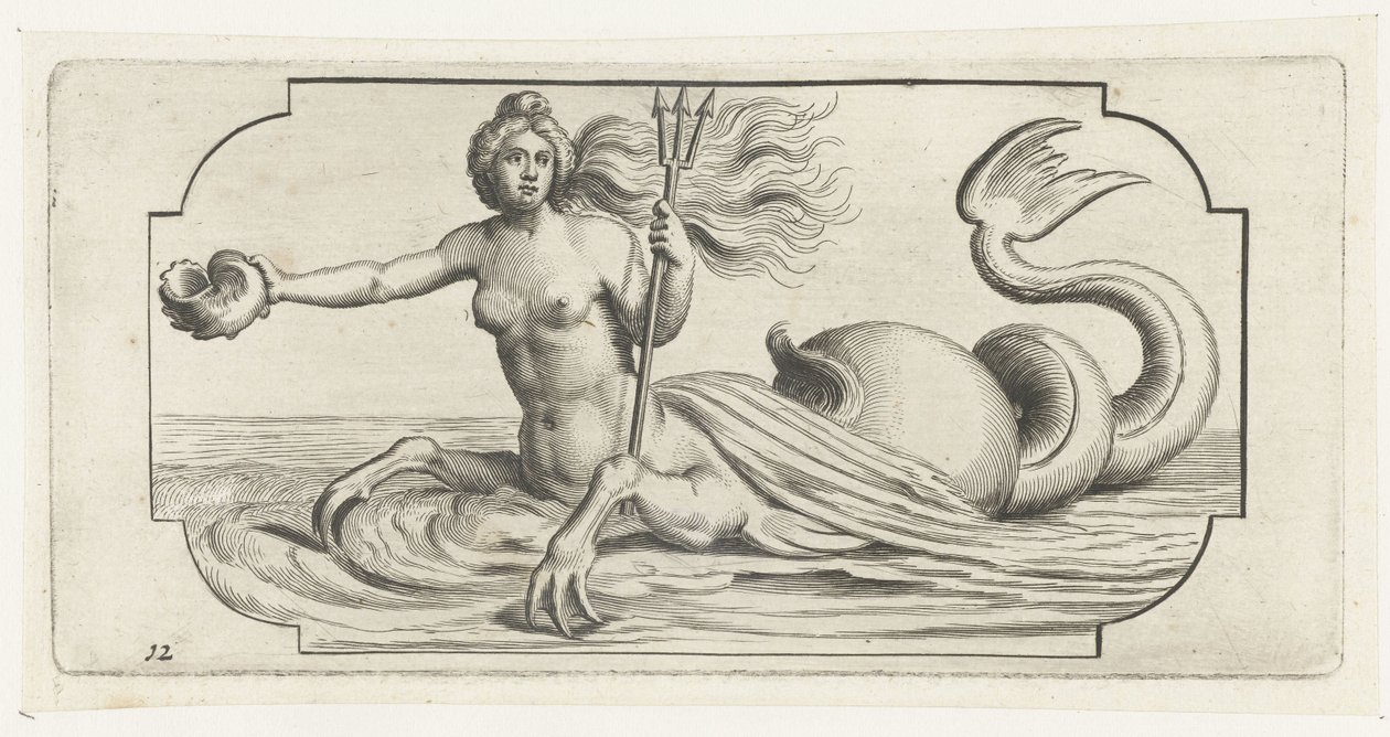 Kvinnlig figur med treudden av Neptunus Nouveau Livre des Dieux et Deeßes De la Marine Bouckje of Sea Gods and Goddesses (serietitel) av Hendrick de Keyser (I)