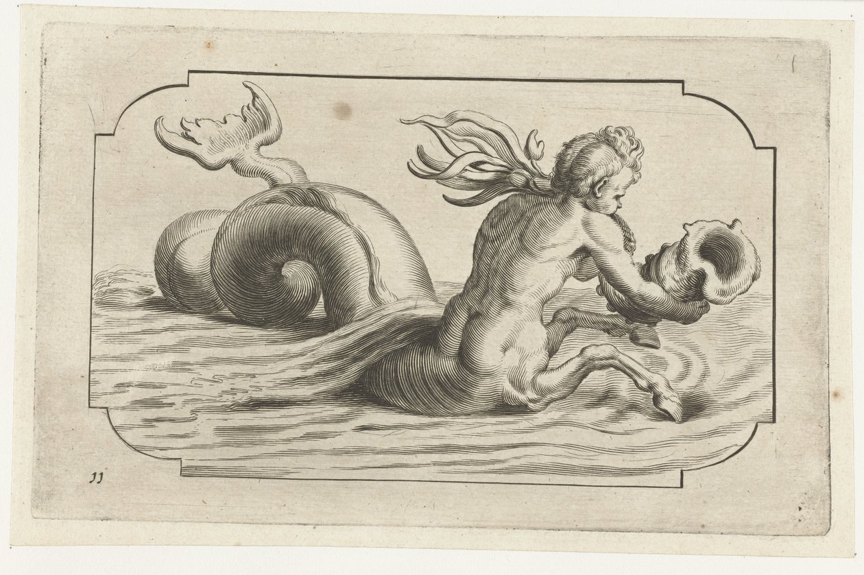Sjöhäst med en manlig överkropp Nouveau Livre des Dieux et Deeßes De la Marine Bouckje of Sea Gods and Goddesses (serietitel) av Hendrick de Keyser (I)