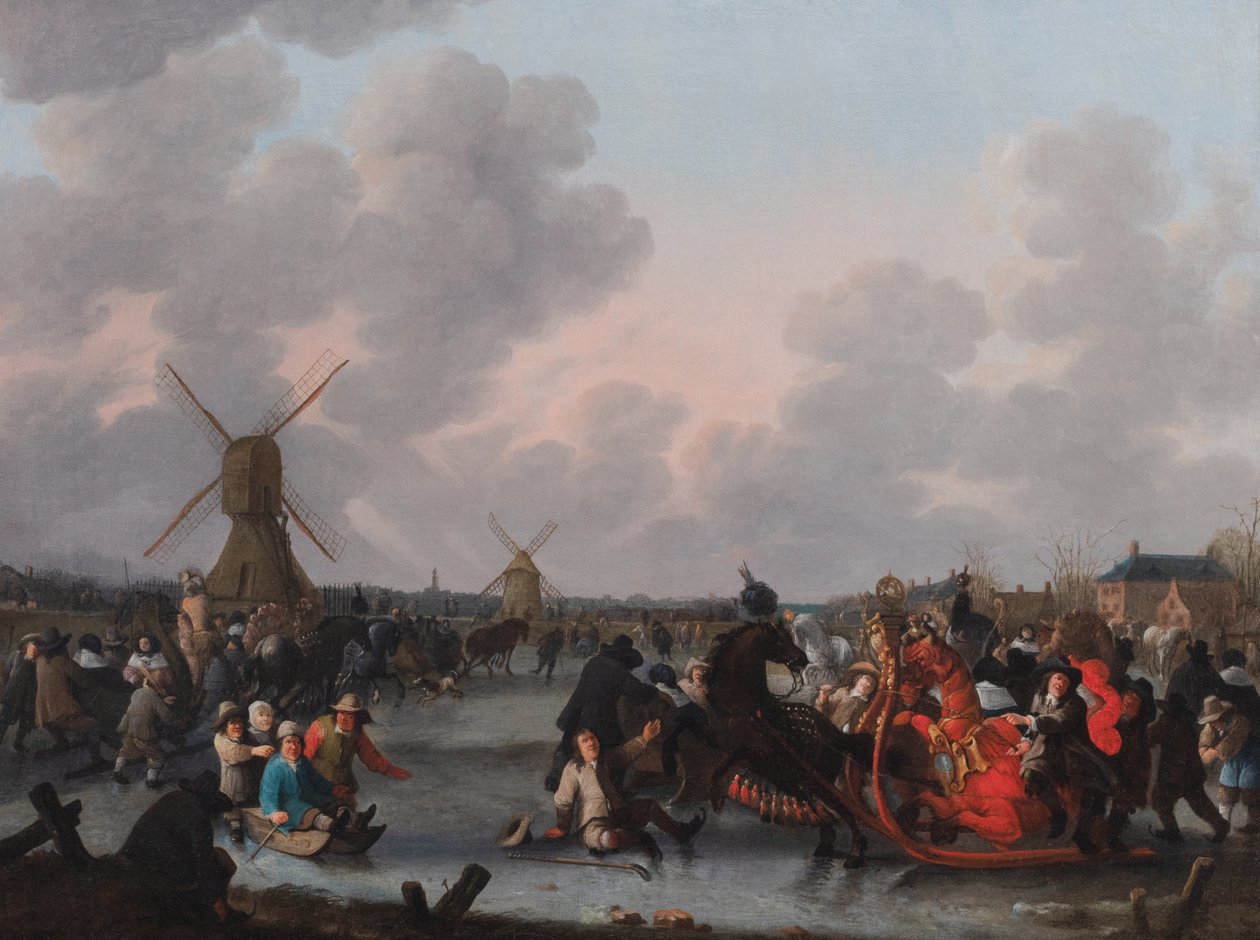 Ett vinterlandskap med många hästdragna slädar på isen av Hendrick de Meijer
