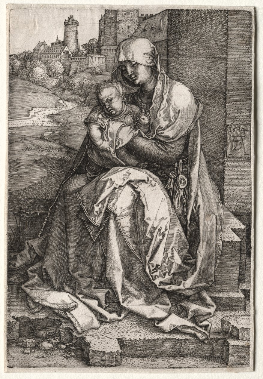 Jungfrun och barnet sitter vid muren av Hendrick ter Brugghen