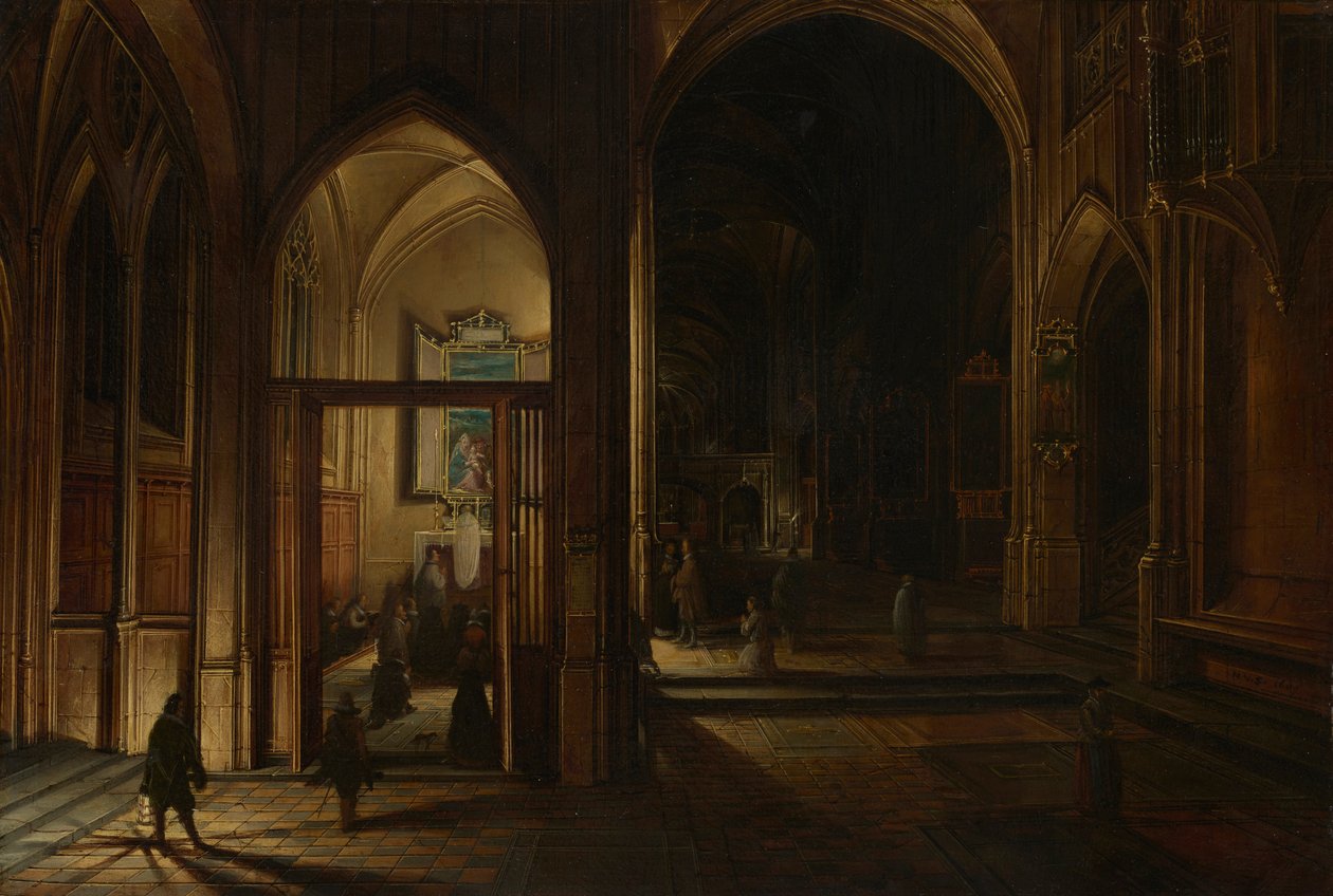 Interiör av en gotisk kyrka på natten av Hendrick van Steenwijk the Younger