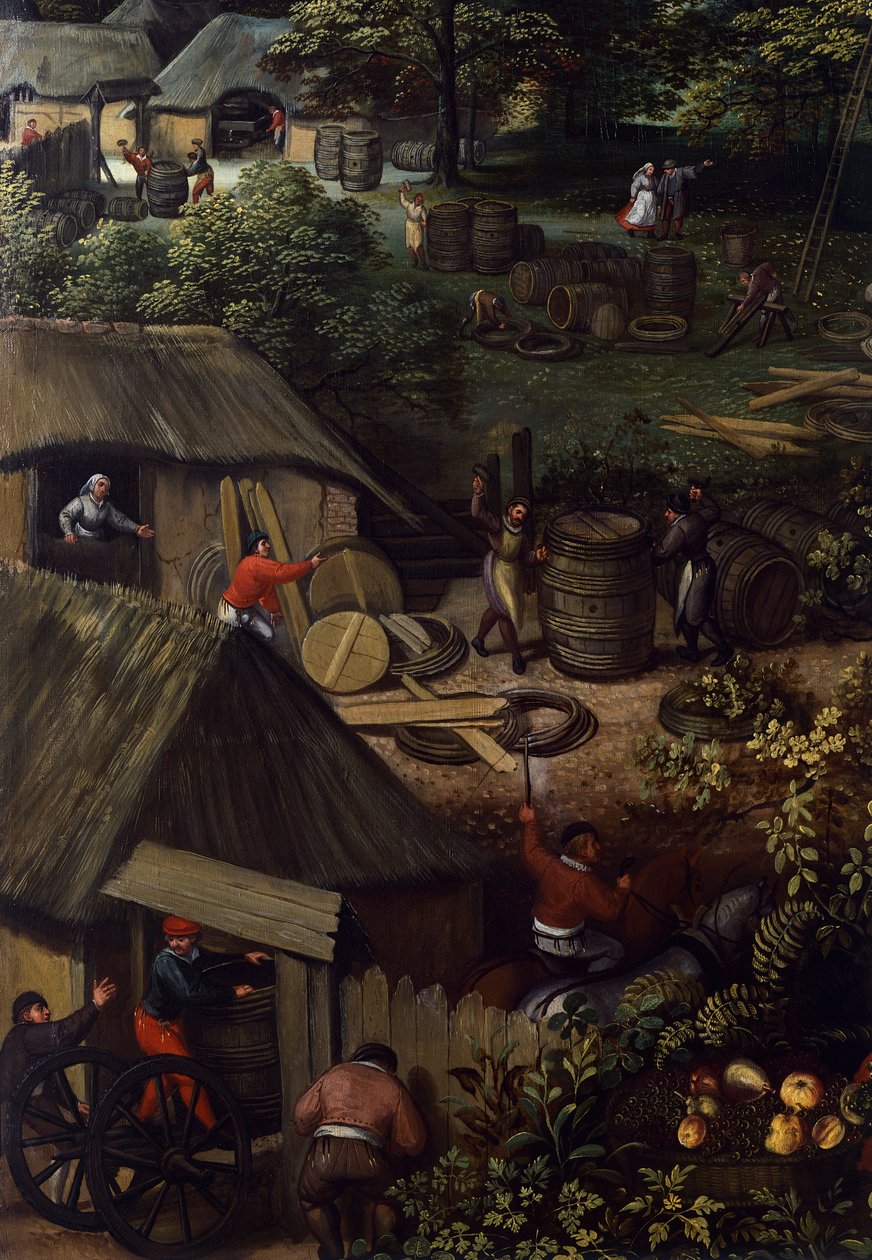 Höstskördslandskap, av Lucas van Valkenborch (cirka 1530-1597), detalj av Hendrick van den (1530 97) Broeck