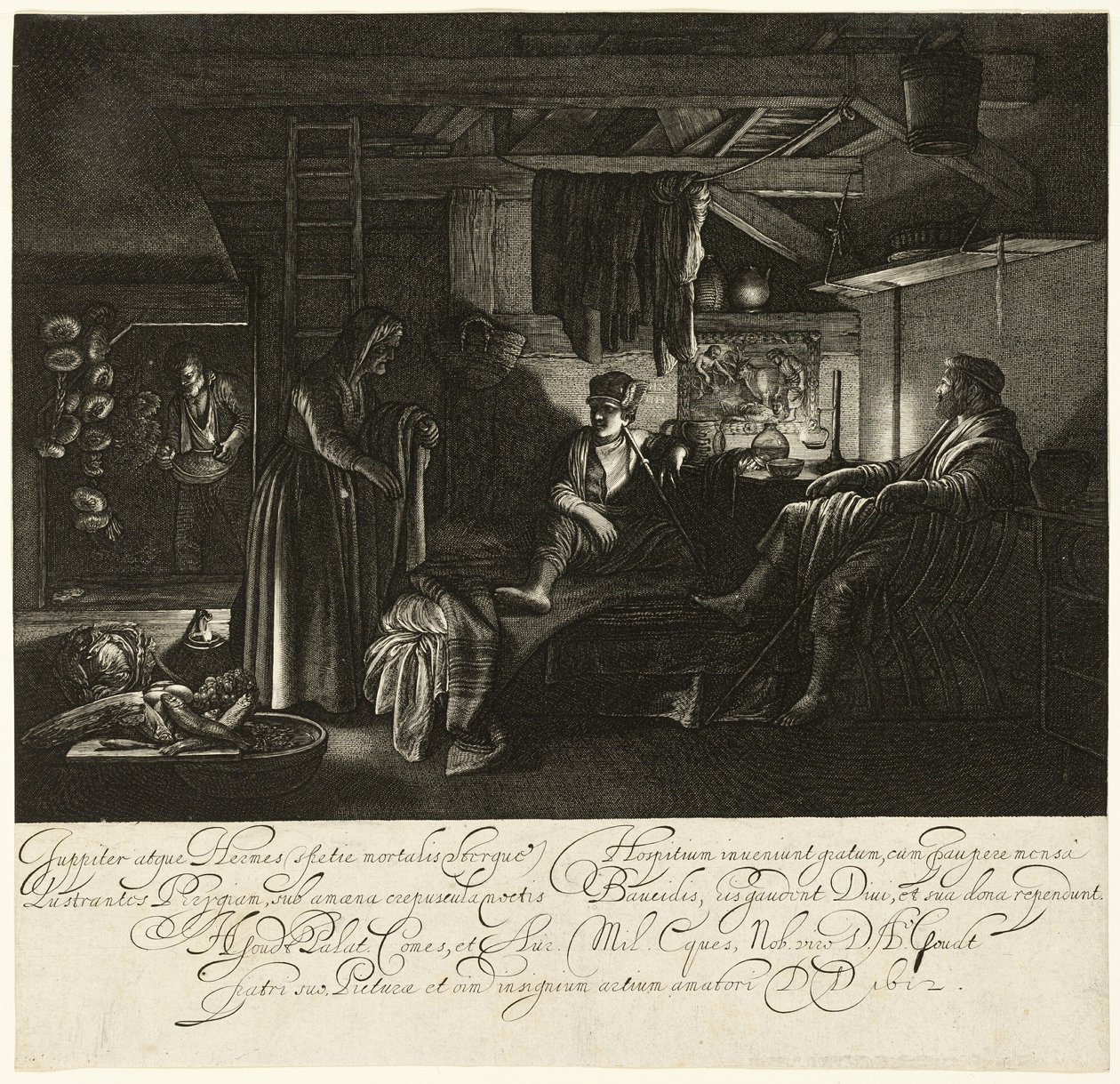 Jupiter och Merkurius i Philemons och Baucis hus av Hendrick von Goudt