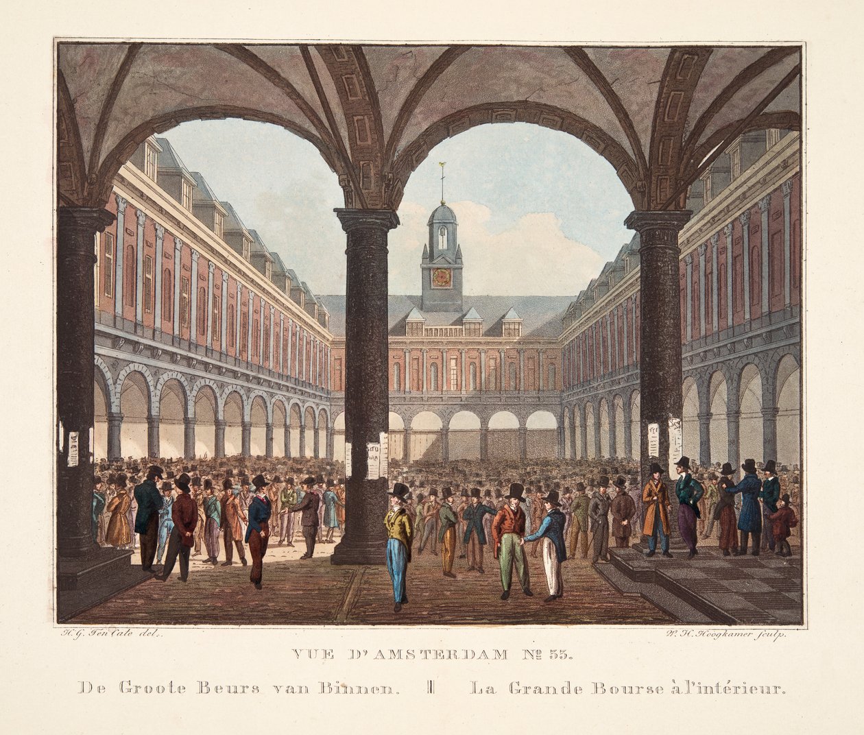 Utsikt över Amsterdam No.33. De Groote Beurs van Binnen. La Grande Bourse inuti, 1825 (handfärgad gravyr) av Hendrik Gerrit ten Cate