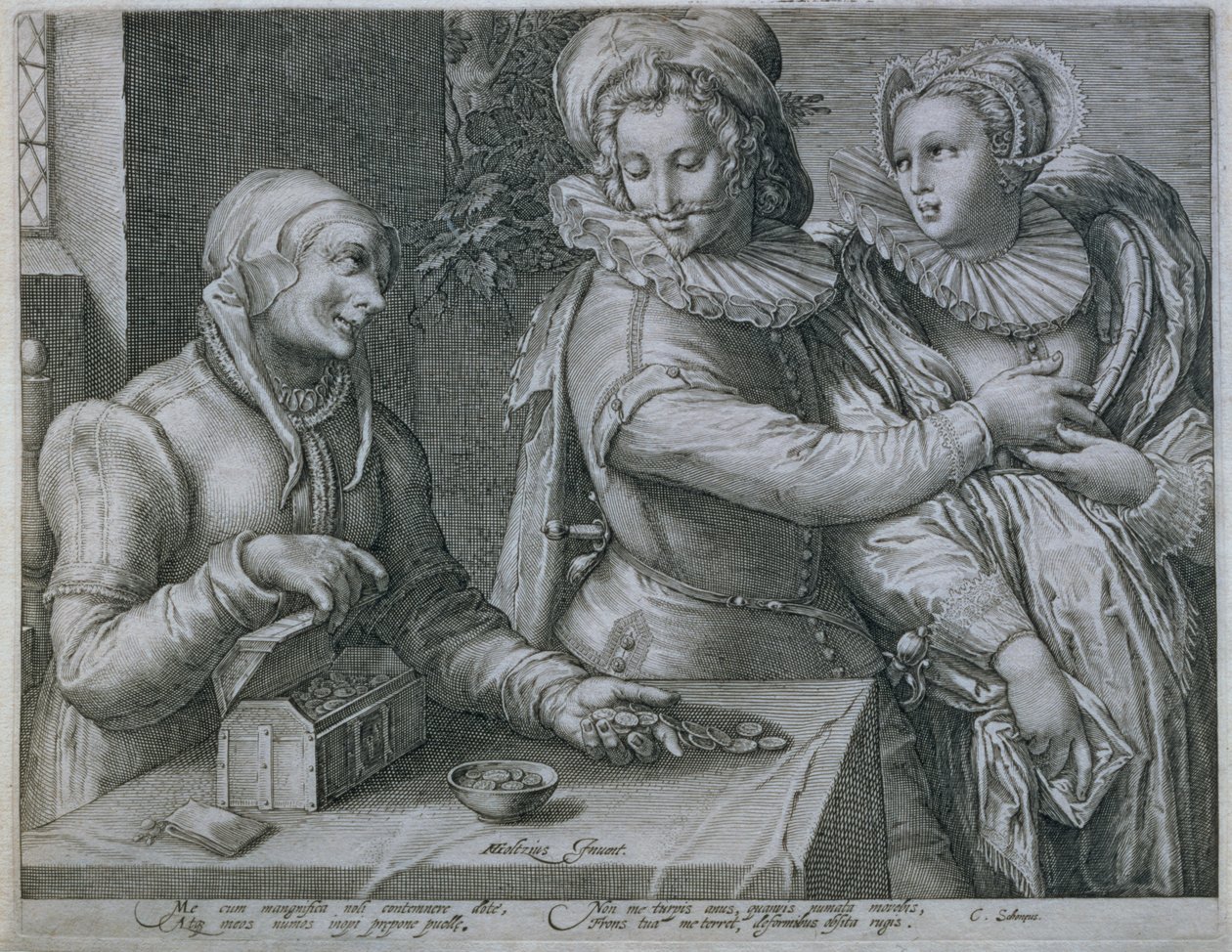En ung man som väljer kärlek till skönhet snarare än rikedom, graverad av Jacob Matham (1571-1631) av Hendrik Goltzius