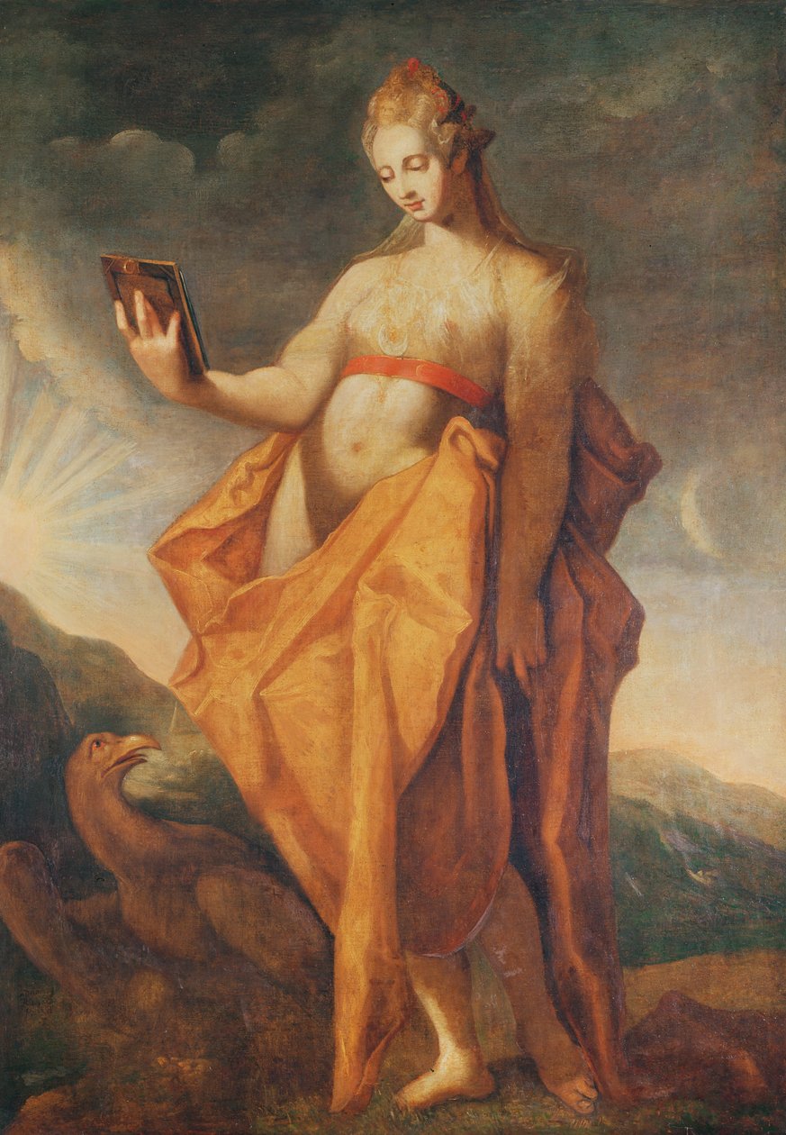 Leto, gravid med tvillingarna Artemis och Apollo, med Zeus örn vid hennes fötter av Hendrik Goltzius
