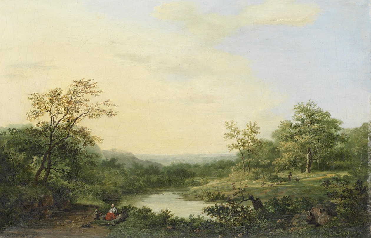 Ett romantiskt flodlandskap av Hendrik Pieter Koekkoek