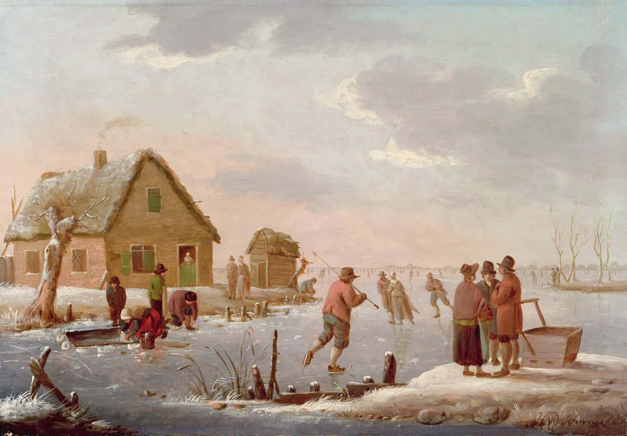 Konståkning i ett vinterlandskap (panel) av Hendrik Willem Schweickardt