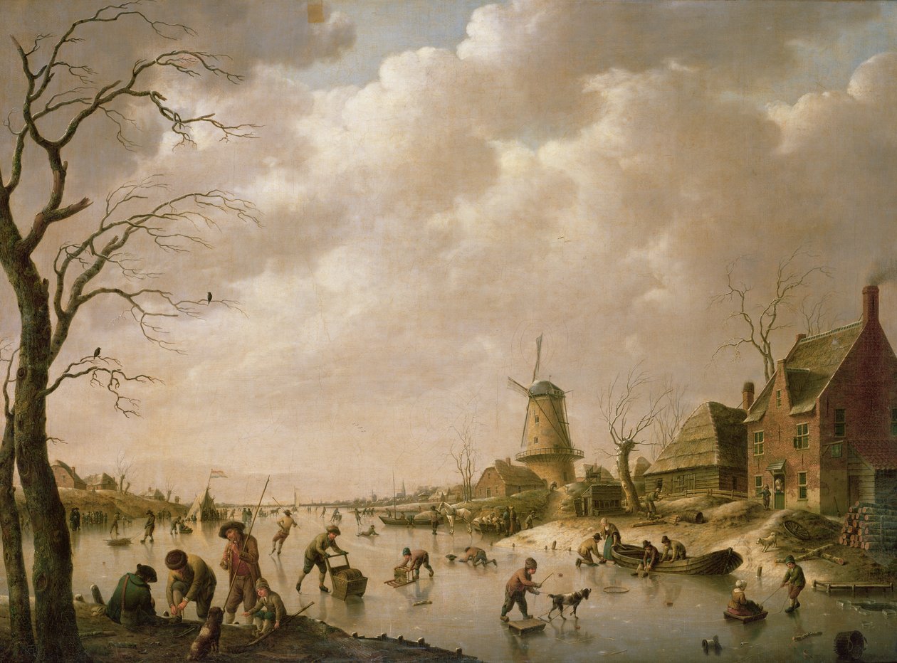 Skridskoåkare på en frusen kanal, 1779 av Hendrik Willem Schweickardt