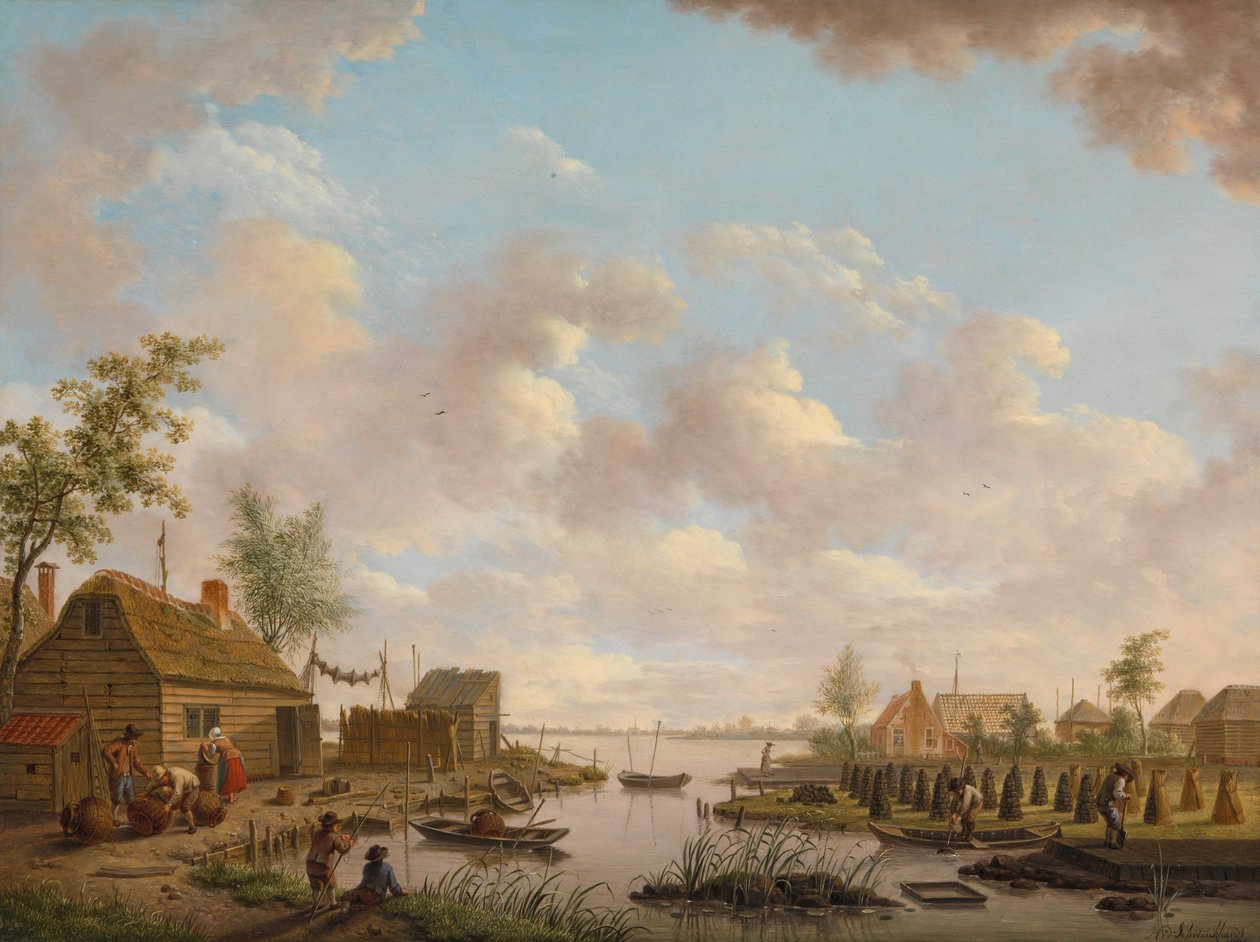 Landschap met vissers en turfstekende boeren in het laagveen av Hendrik Willem Schweickhardt