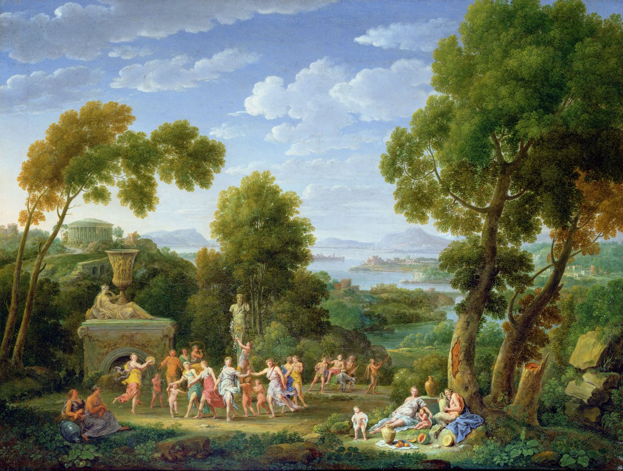 Ett skogsbevuxet italienskt landskap med nymfer som dansar, 1728 av Hendrik van Lint