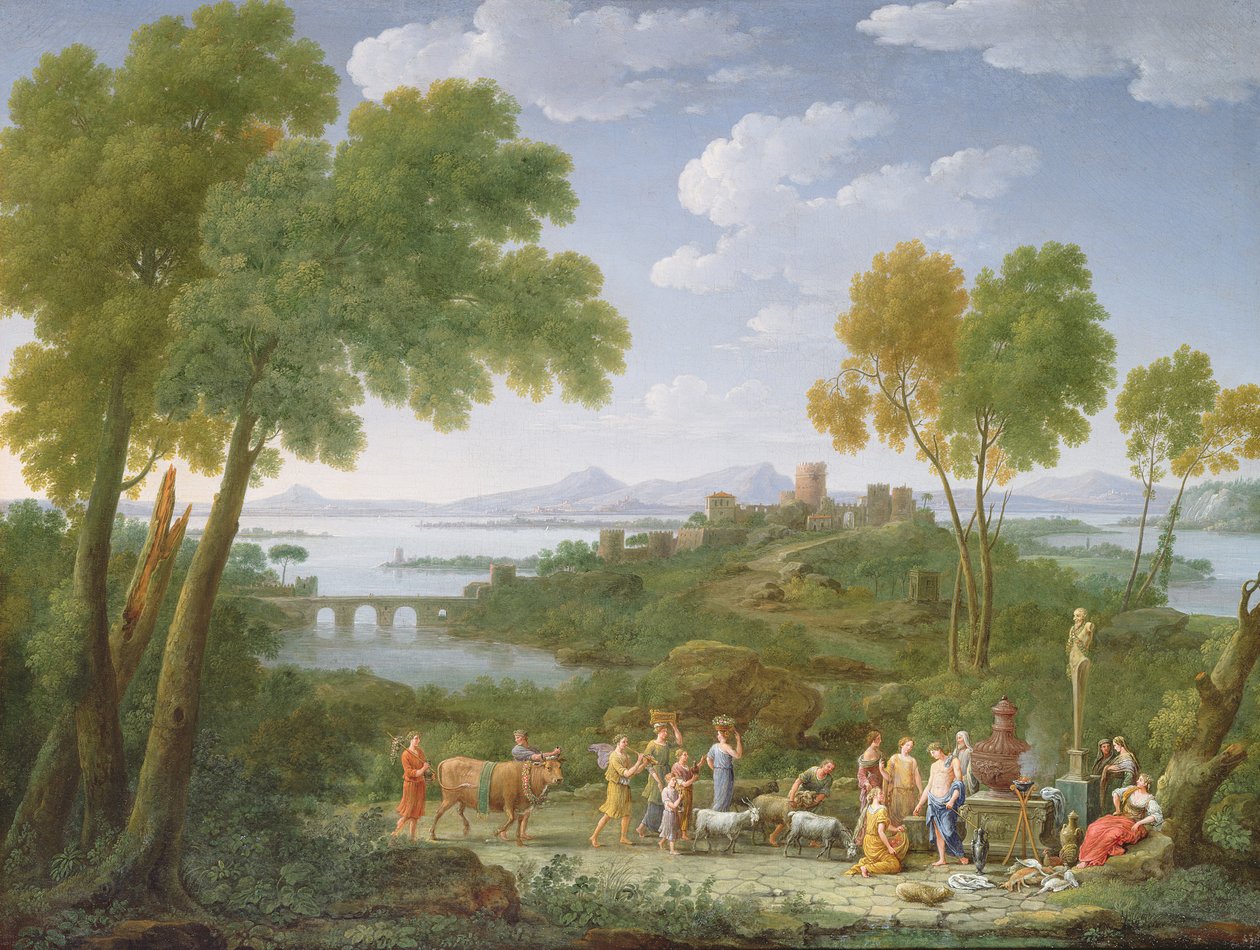 Ett vidsträckt italienskt landskap med ett offer, 1728 av Hendrik van Lint