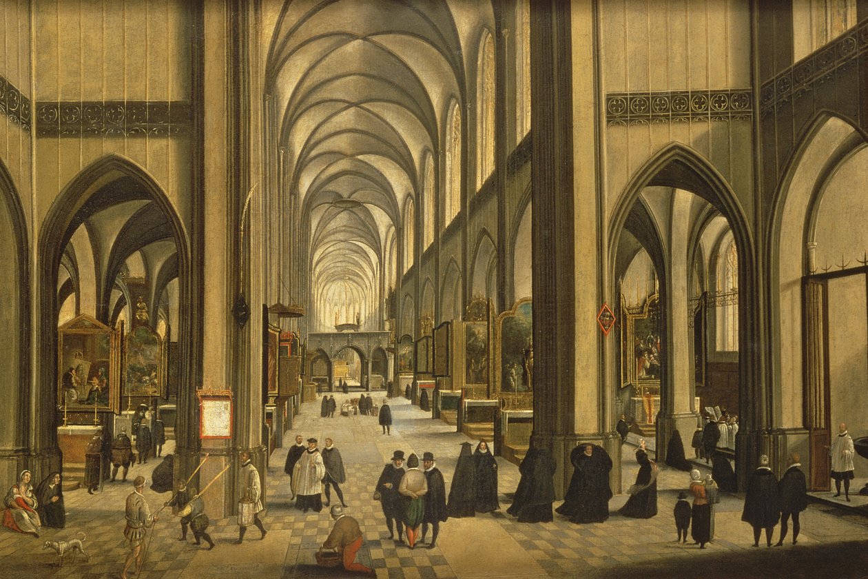 Interiör av Antwerpens katedral med de sju sakramenten, 1590 av Hendrik van Steenwyck