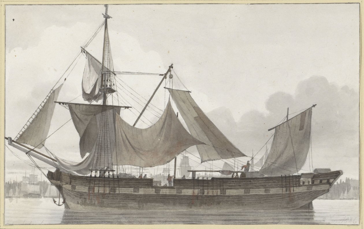 Tre-master under nödrigg, går in i en hamn med svag vind Segelfartyg sett från sidan, i en hamn av Hendrik Abraham Klinkhamer