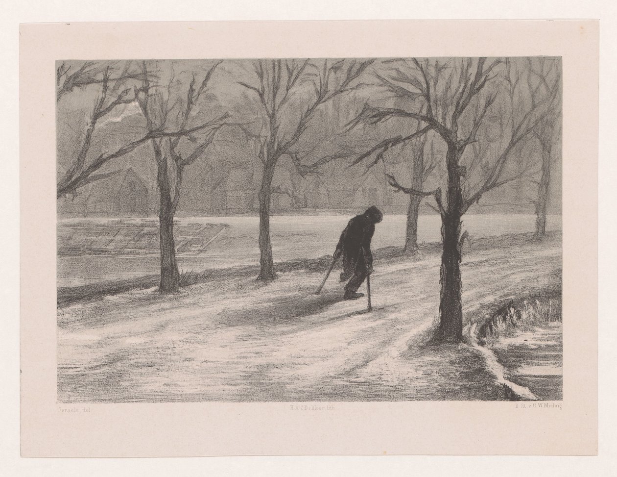 Man på kryckor i ett vinterlandskap Winter also in life (originaltitel) av Hendrik Adriaan Christiaan Dekker