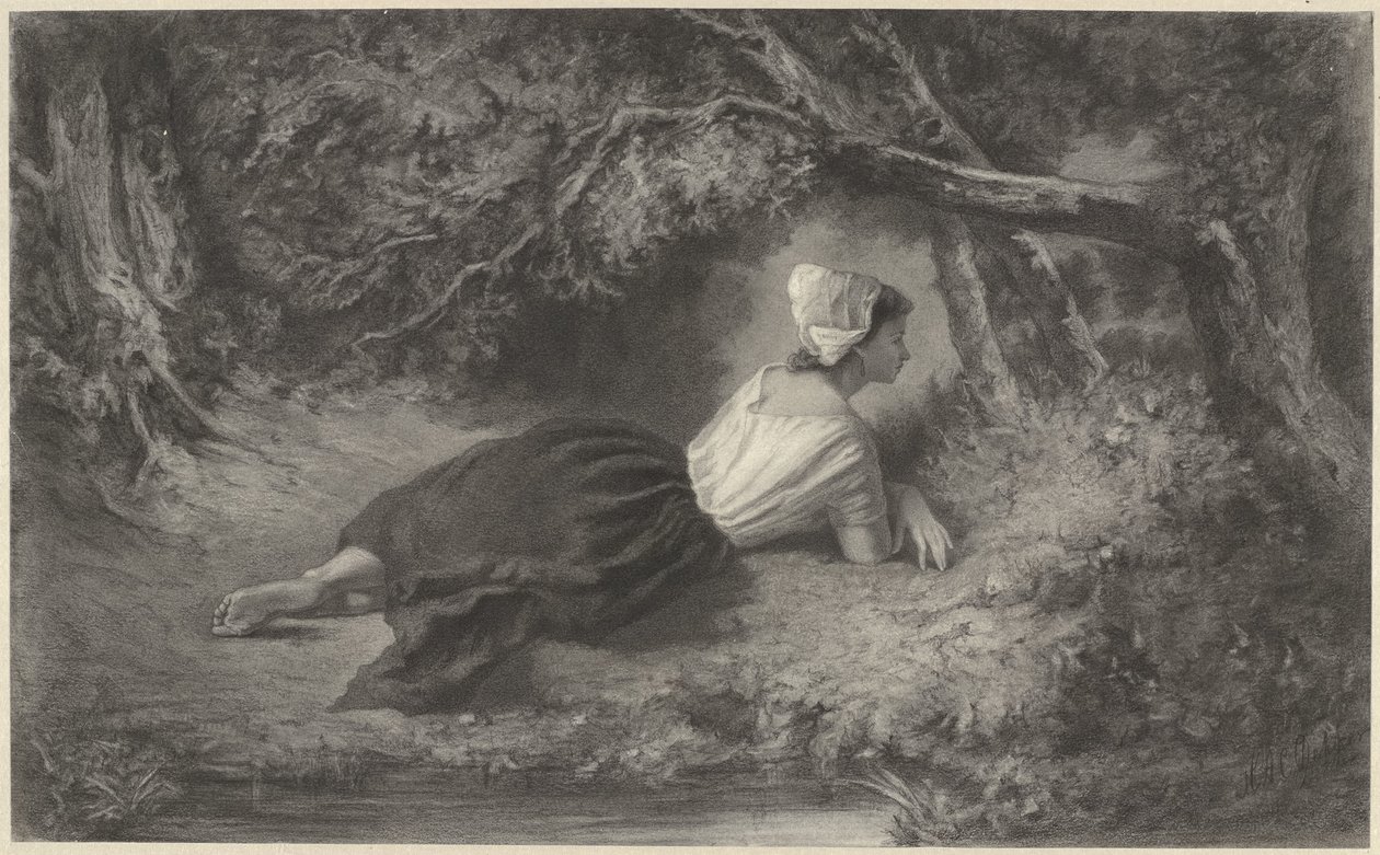 Flicka som ligger under träd vid ett vatten av Hendrik Adriaan Christiaan Dekker