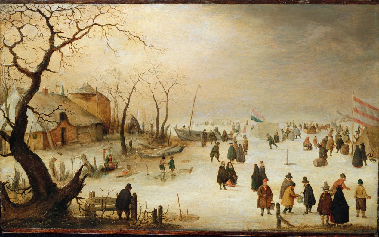 Ett vinterflodlandskap med figurer på isen av Hendrik Avercamp