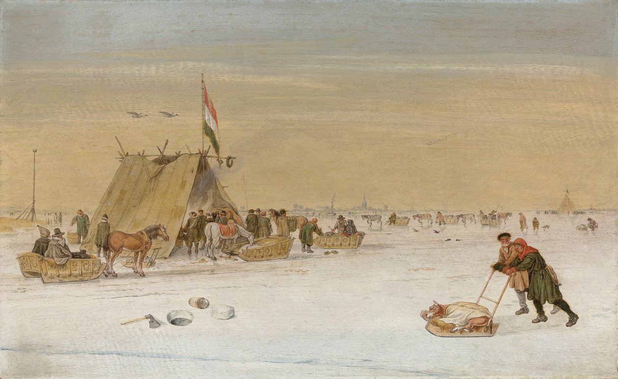 Ett vinterlandskap med figurer på isen vid ett koek-en-zopie-tält av Hendrik Avercamp