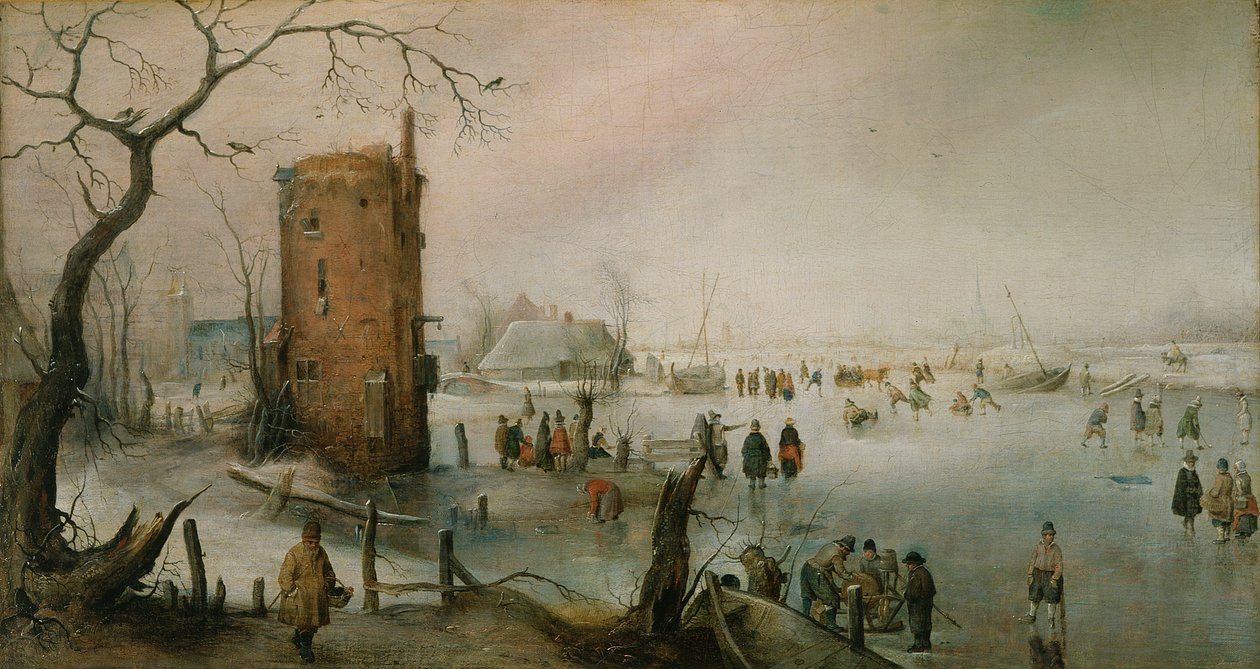 Skridskoåkning nära en stad, ca 1610-20 (olja på duk) av Hendrik Avercamp