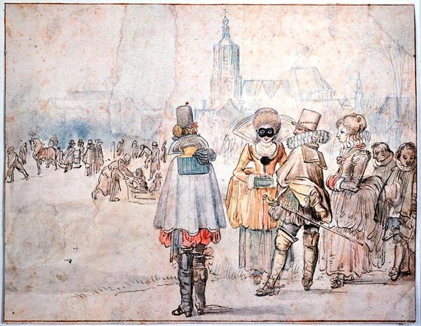 Kungen och drottningen av Böhmen på is (penna & bläck och akvarell på papper) av Hendrik Avercamp
