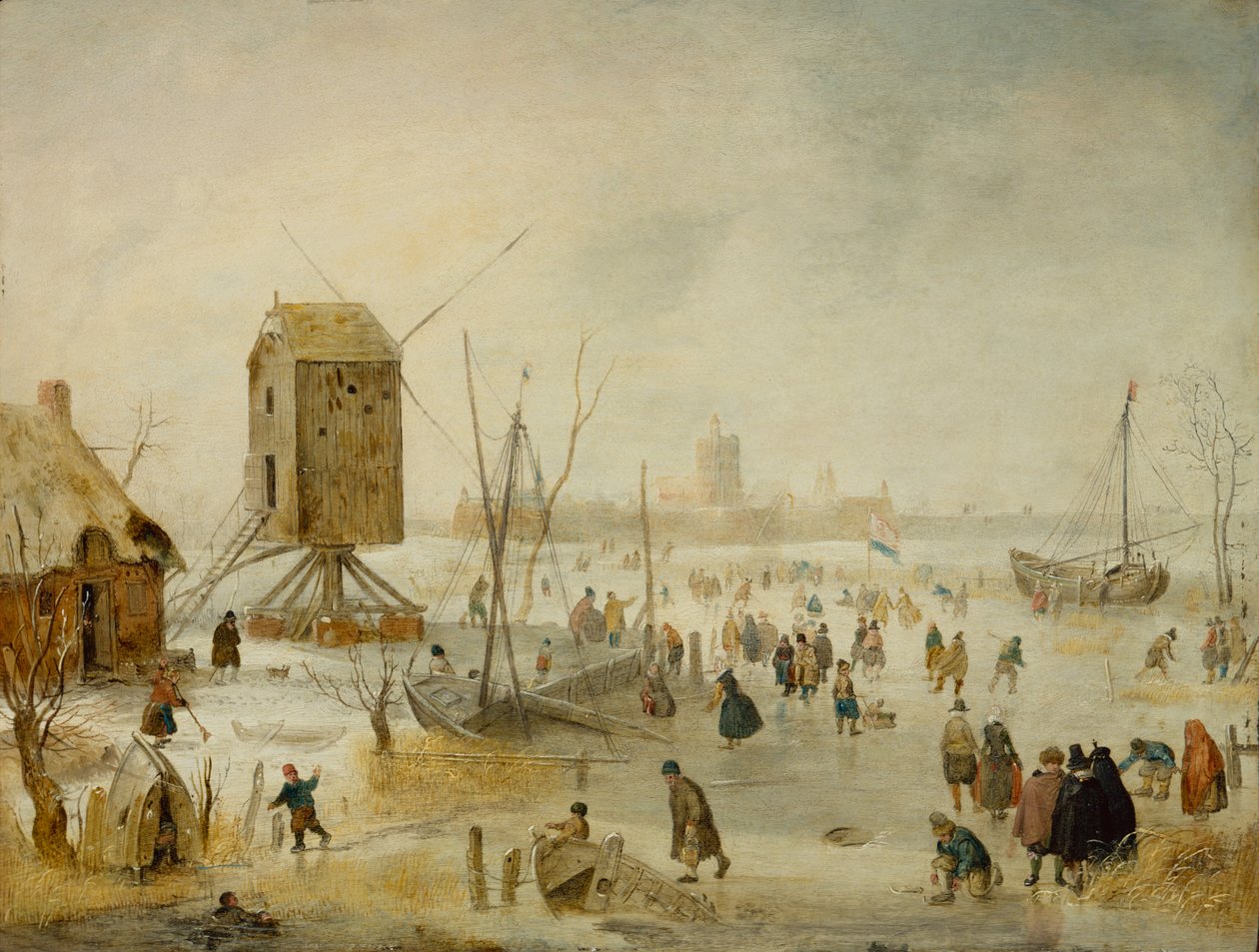 Vinterlandskap med skridskoåkare på en flod vid en väderkvarn (olja på koppar) av Hendrik Avercamp