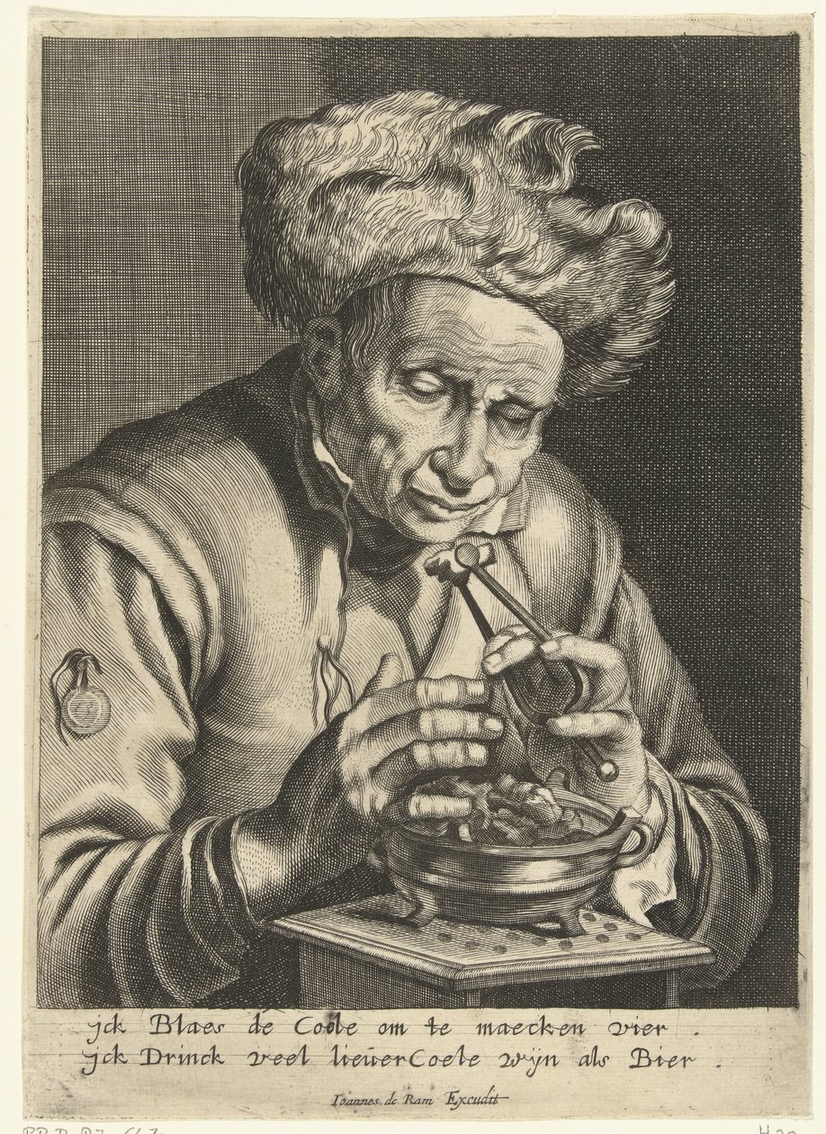 En gammal man som blåser på en kolbit av Hendrik Bary
