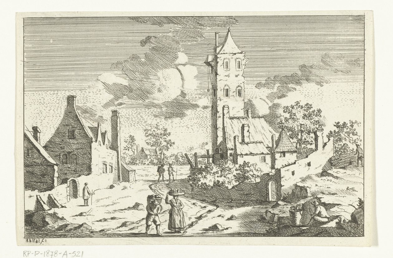 Byutsikt med hus och torn på en sandväg med figurer av Hendrik Berg