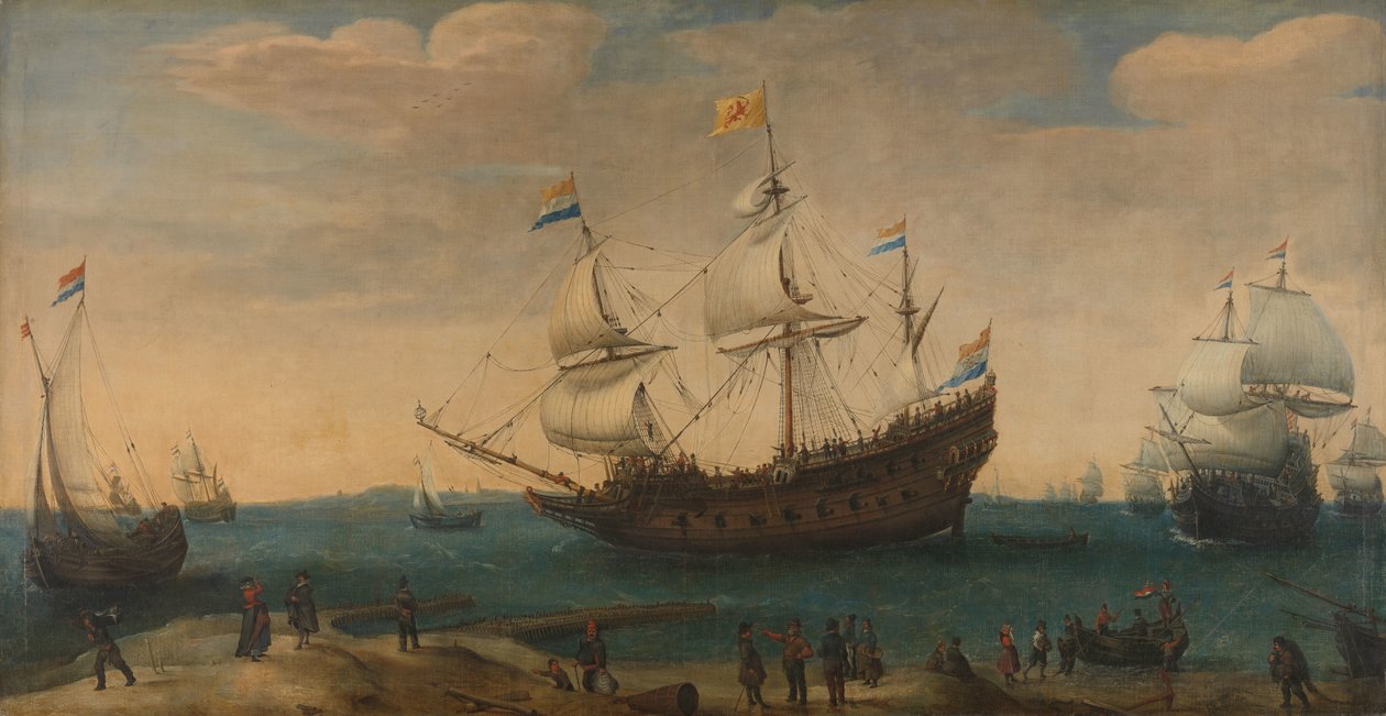 Ett antal ostindiefarare utanför kusten (Mauritius och andra ostindiefarare som seglar ut ur Marsdiep) av Hendrick Cornelisz. Vroom