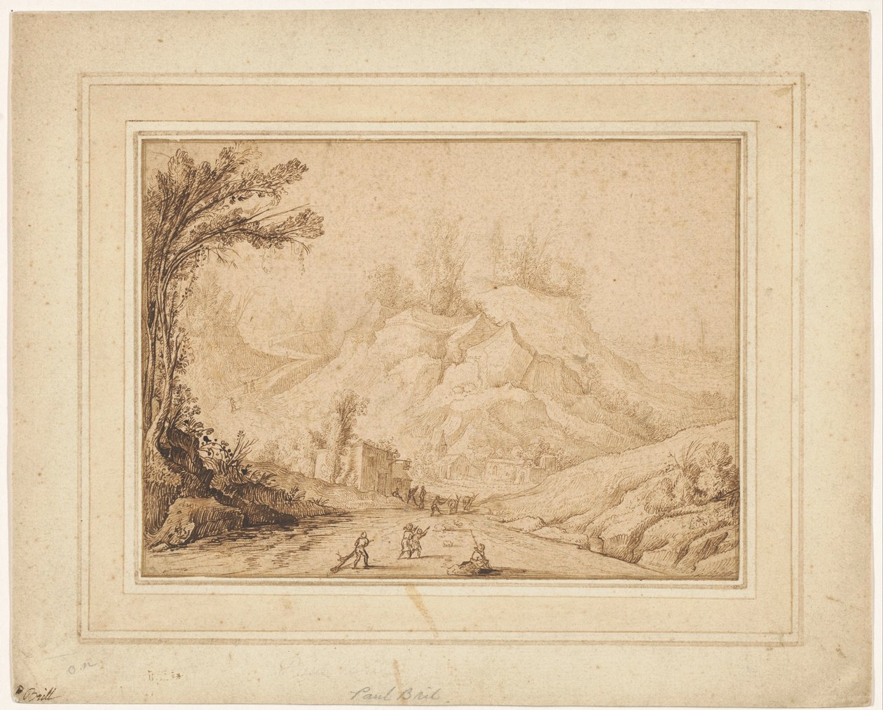 Bergslandskap med figurer på en väg nära ett värdshus av Hendrick Cornelisz. Vroom
